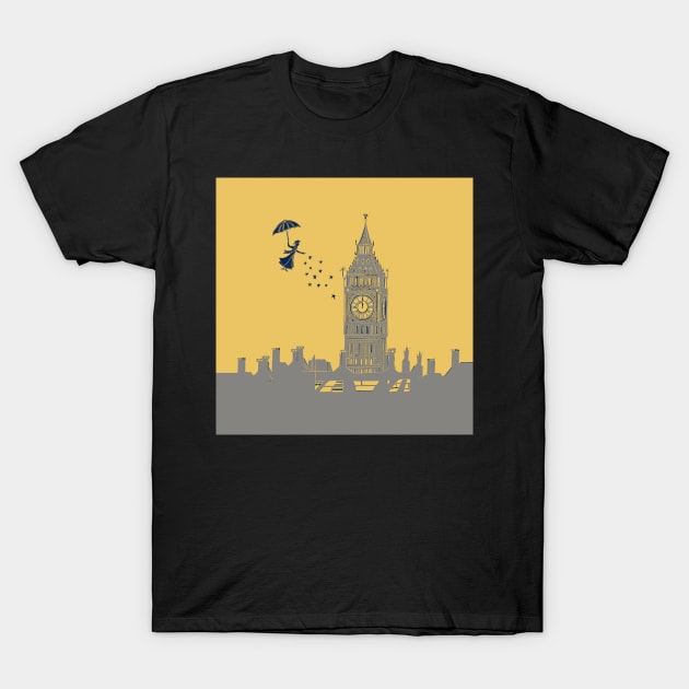 Mary Poppins and Big Ben Lino Print in Mustard and Grey T-Shirt by Maddybennettart